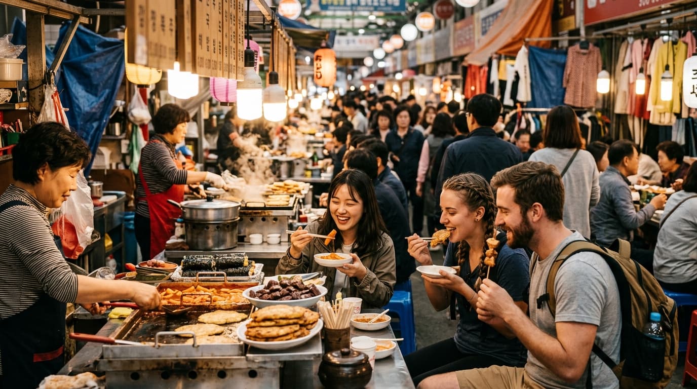 Tourists and locals enjoying street food at Gwangjang Market in Seoul