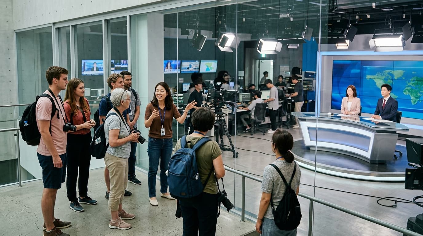 Tourists with an English-speaking guide observing a live broadcast inside a Korean TV newsroom studio in Seoul