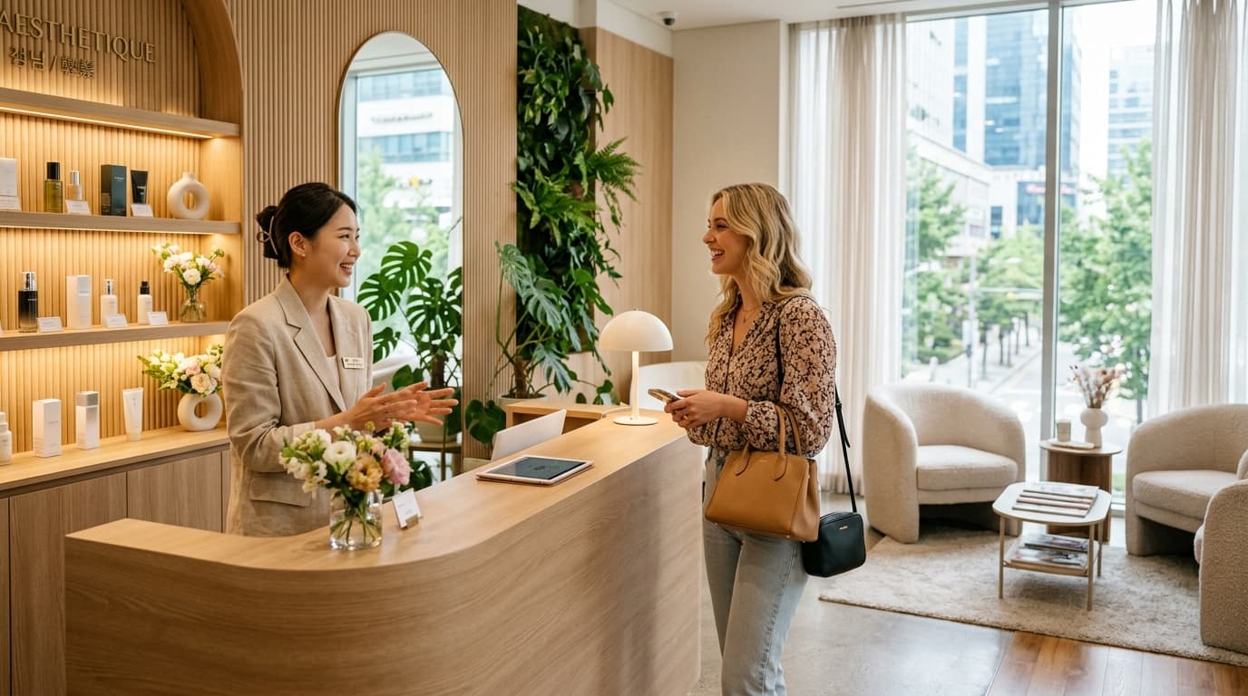 A modern Korean skin clinic reception with a tourist and English interpreter in Seoul