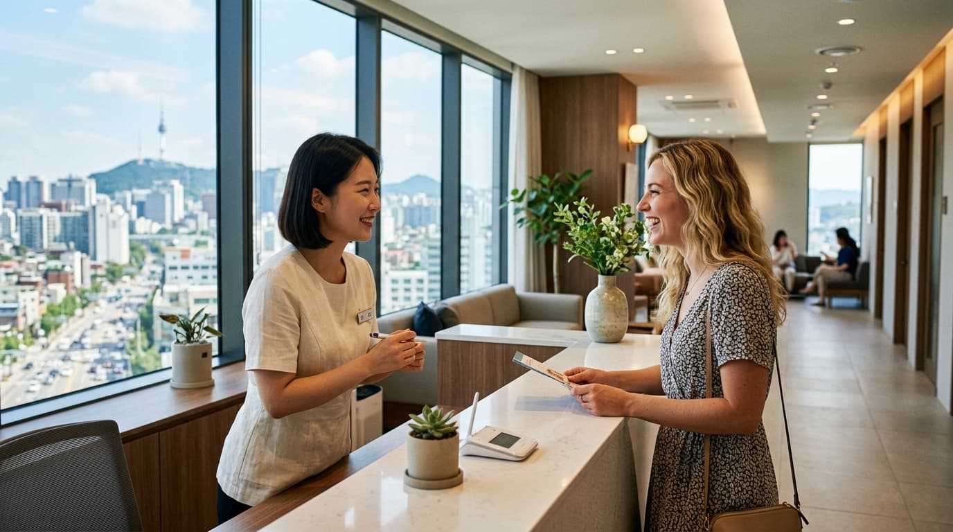 A tourist being welcomed at a Korean skin clinic with an interpreter in Seoul