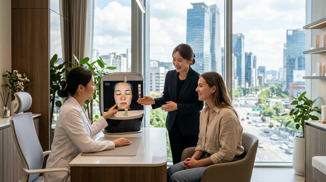 A foreign tourist receives a skincare consultation with interpreter support in a Seoul clinic