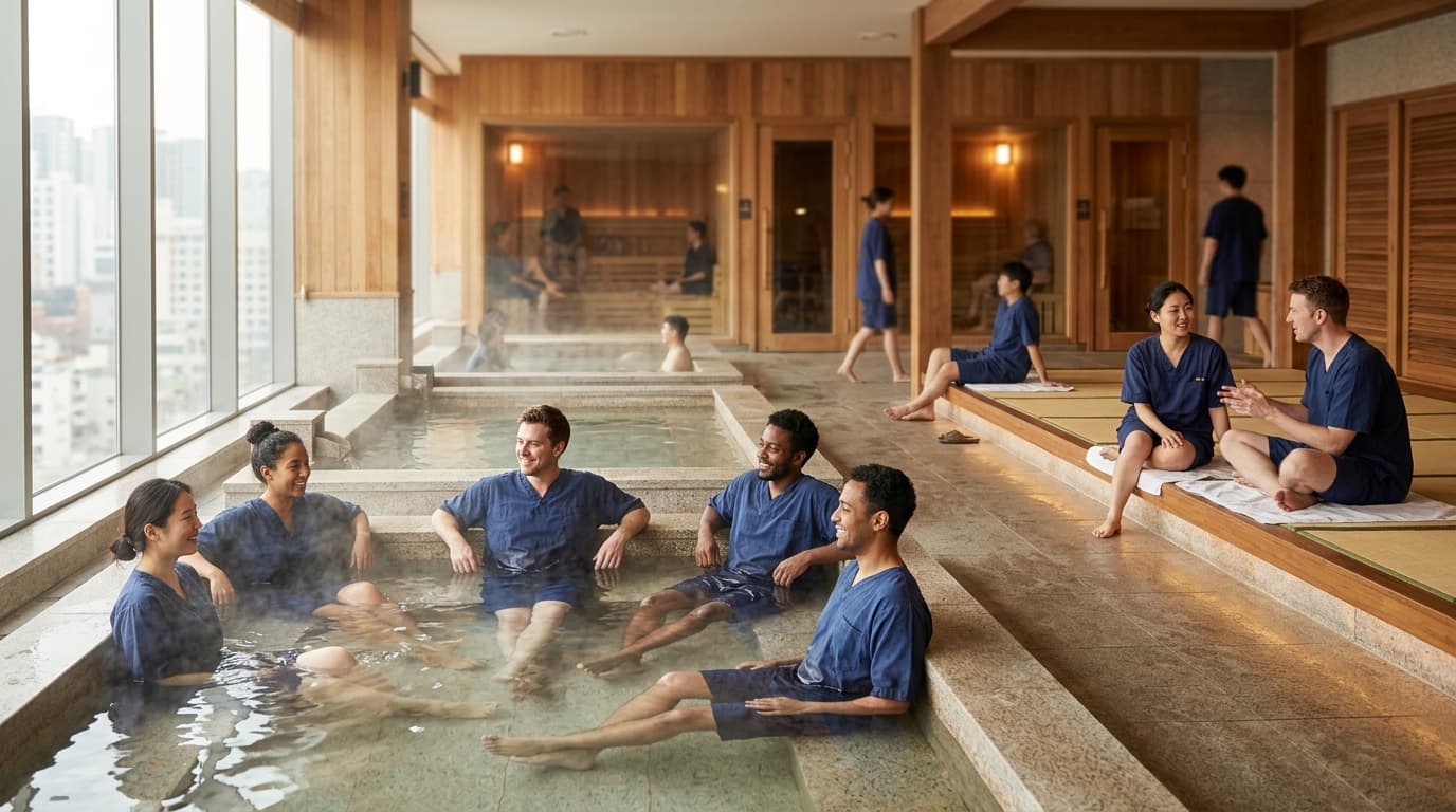 Spacious Korean spa interior in Seoul with steam baths and relaxed visitors
