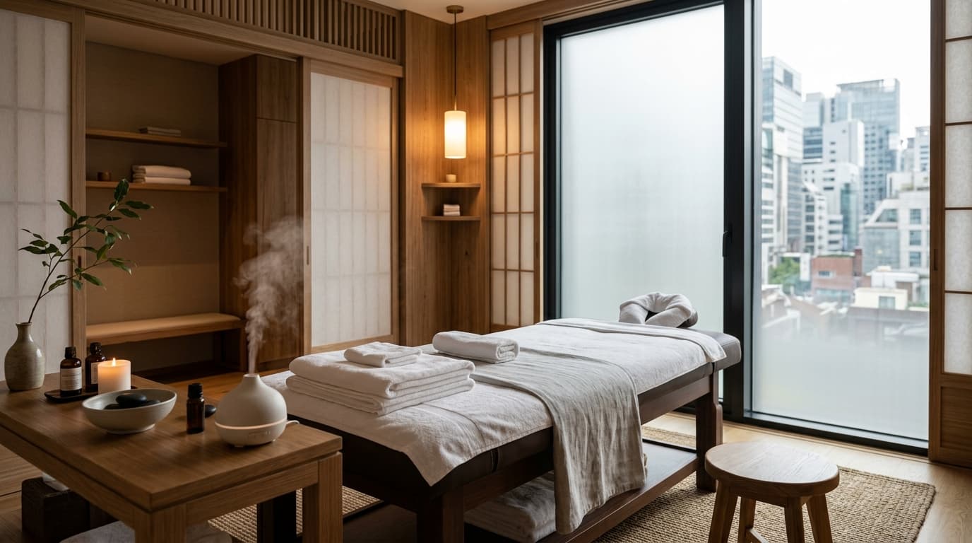 A modern Korean spa massage room in Seoul with soft lighting and plush towels