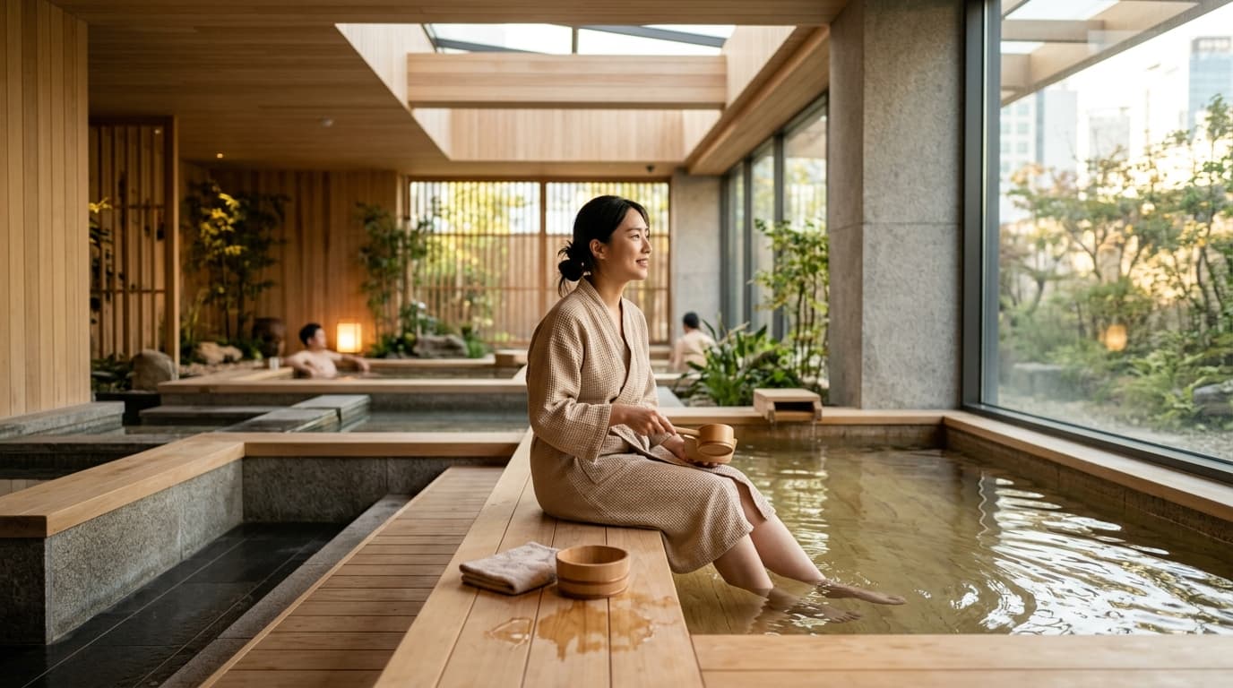 Modern Korean spa in Seoul with hot baths and a relaxed visitor in a robe