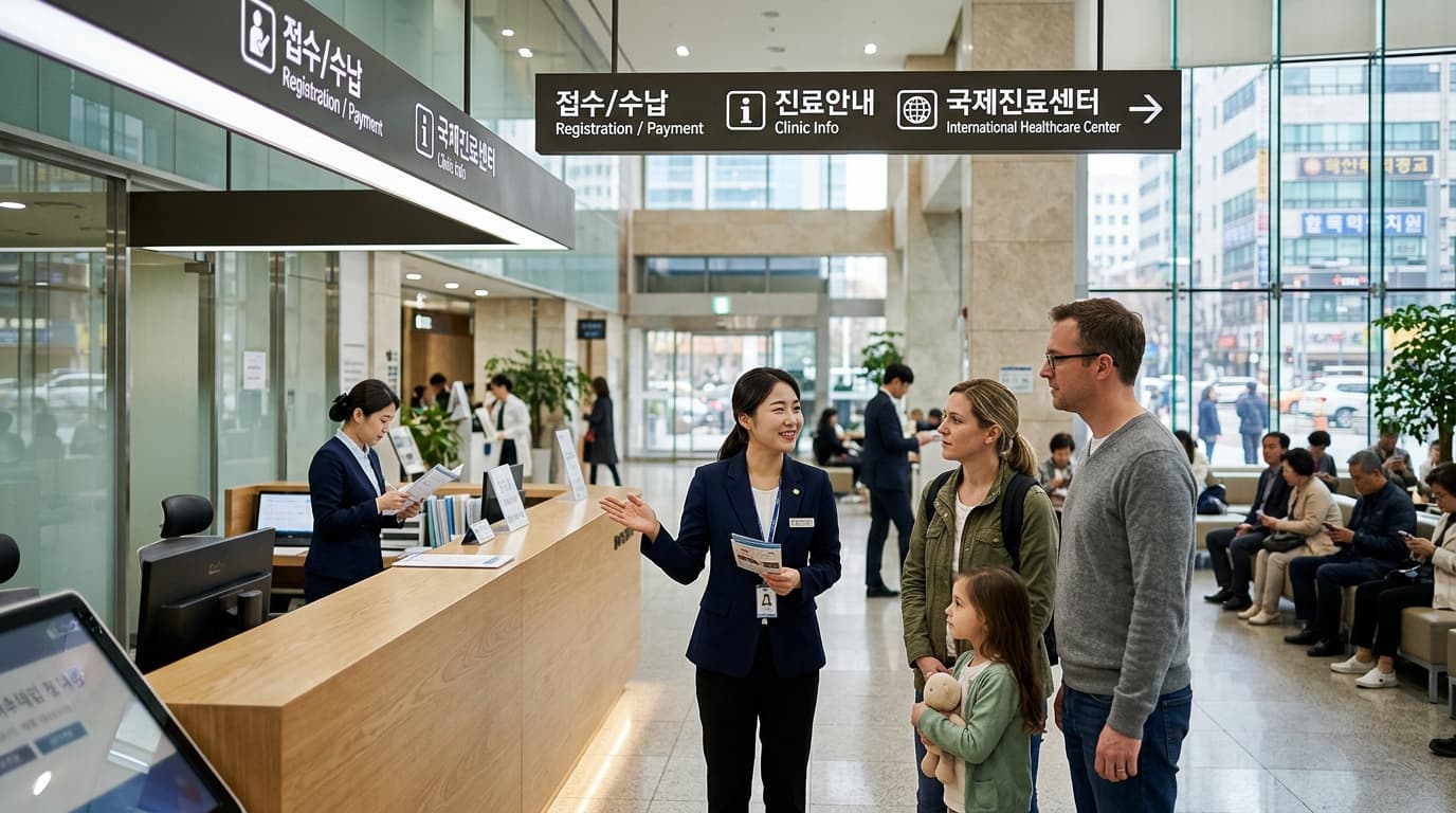 Modern Seoul hospital lobby with international visitors and interpreter