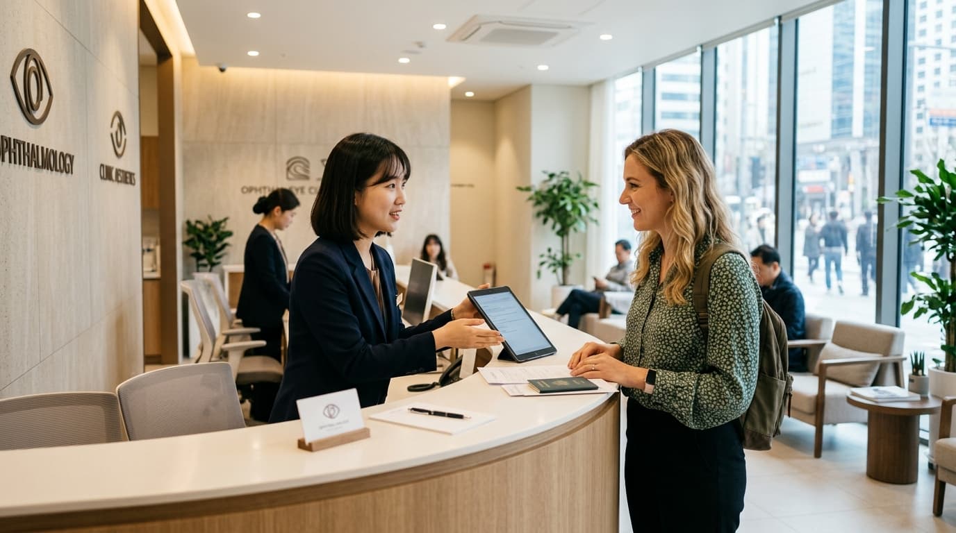 Foreign visitor with interpreter at a modern Gangnam eye clinic reception in Seoul