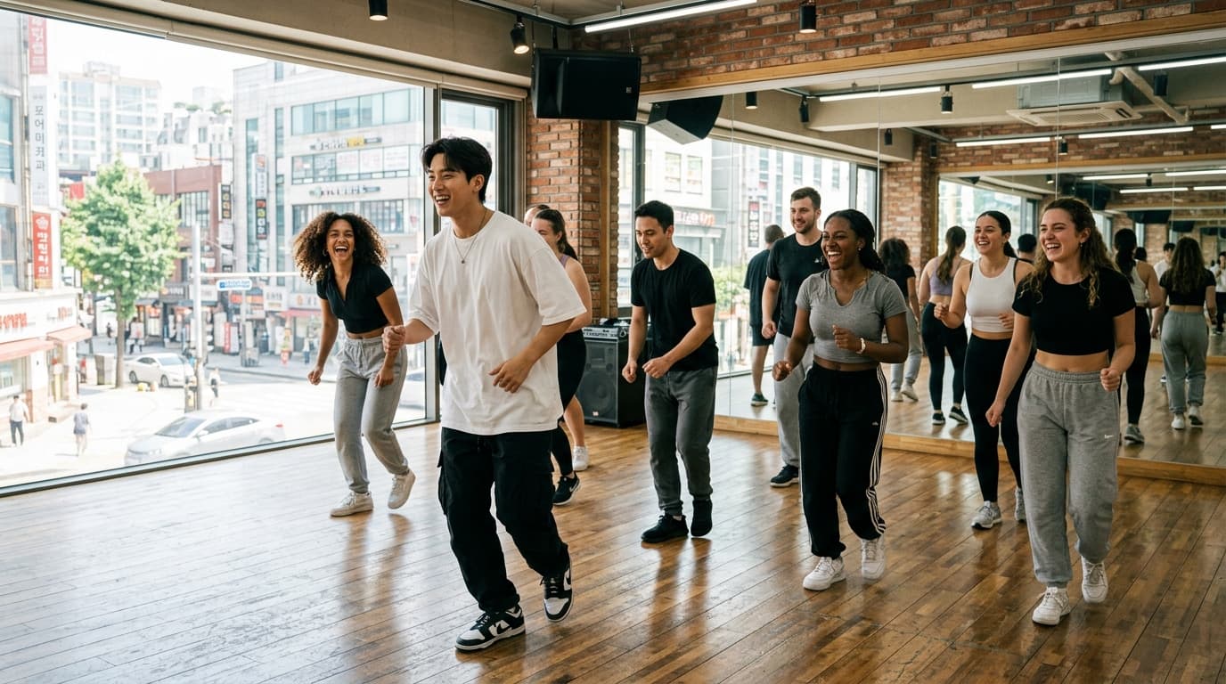 Tourists in a Seoul dance studio learning K-pop moves from a Korean instructor