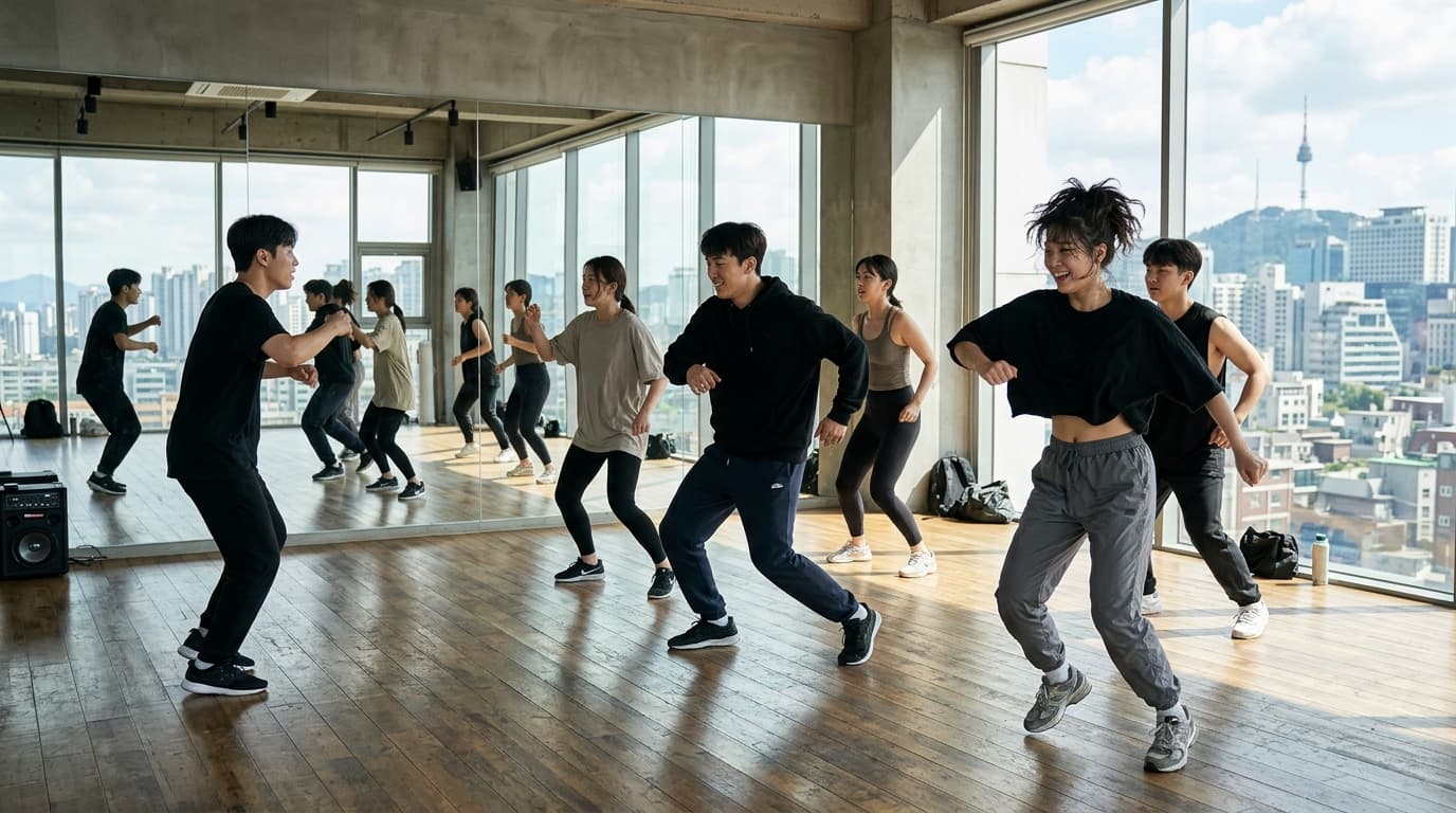 Group of international travelers dancing in a modern Seoul K-pop studio