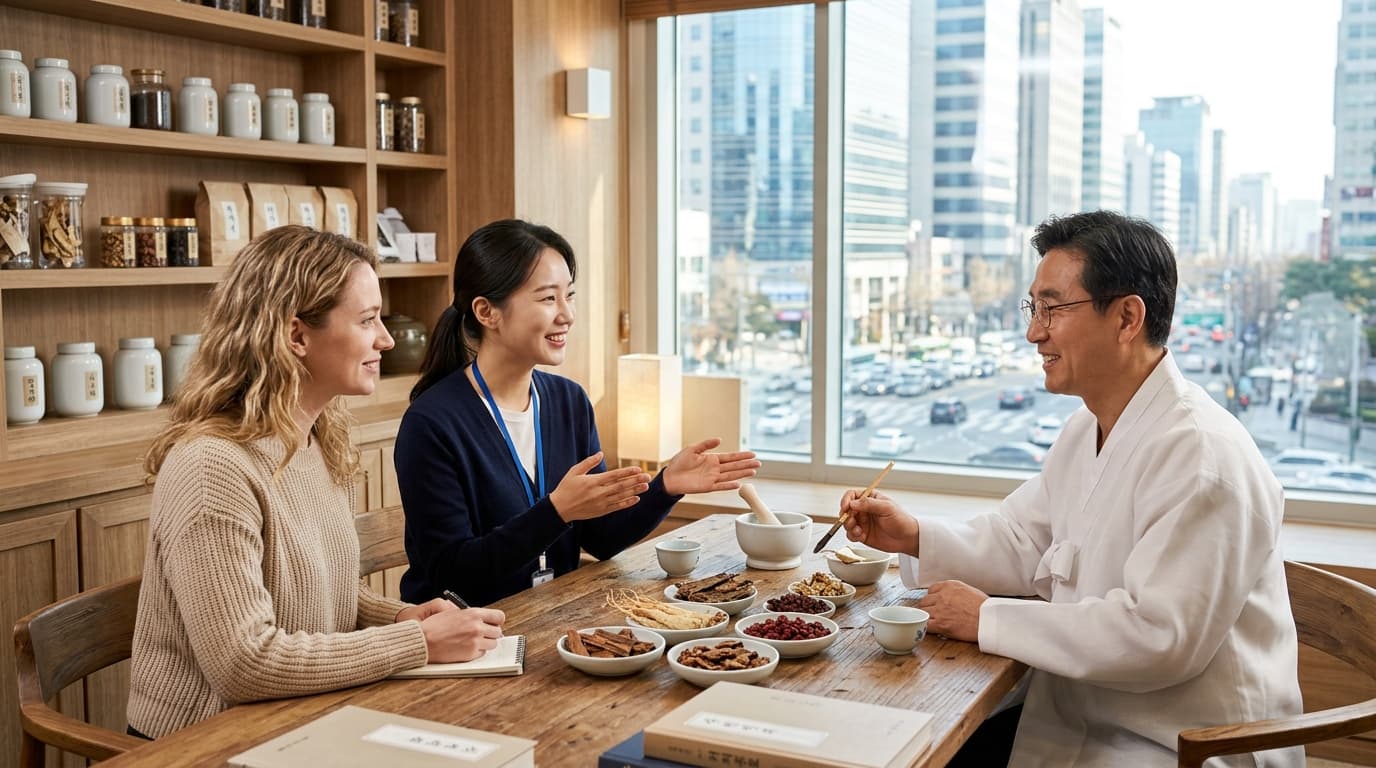 A visitor at a Korean herbal medicine clinic in Seoul being assisted by an English interpreter during a consultation