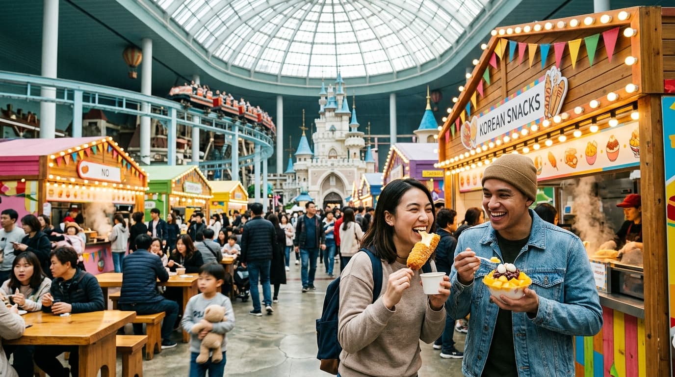 Tourists enjoying Korean street food inside Lotte World Adventure theme park
