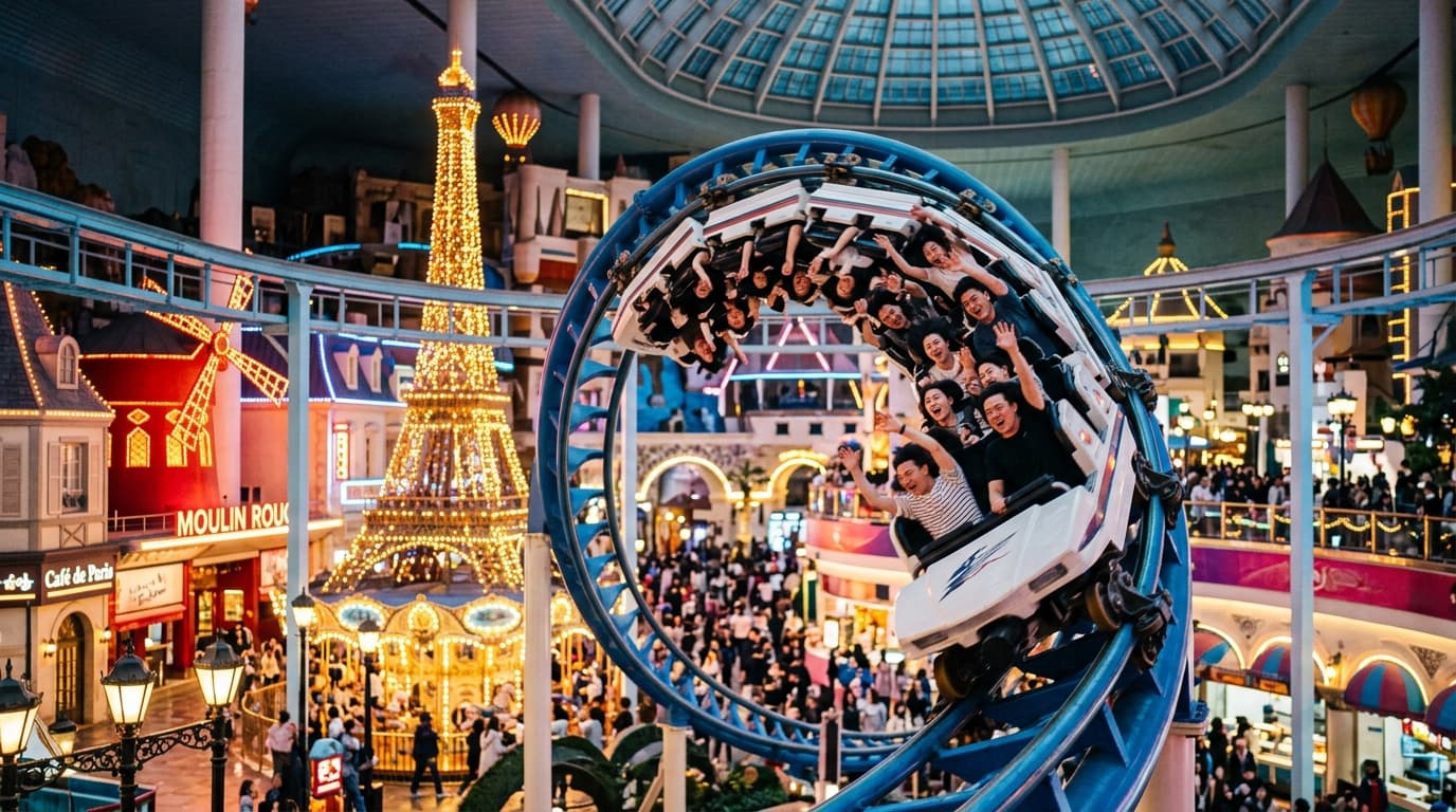 Indoor French Revolution roller coaster with riders and neon Parisian scenery at Lotte World Seoul