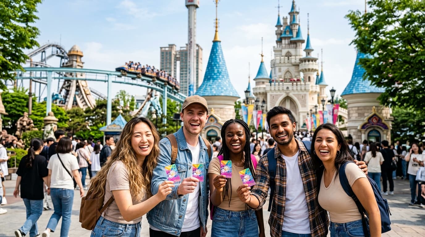 Tourists with Magic Passes at Lotte World entrance, Seoul, with castle and rides in background