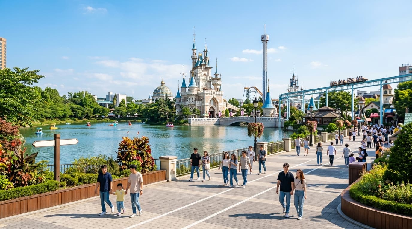 Lotte World Magic Castle and lake with families exploring the park pathways in Seoul
