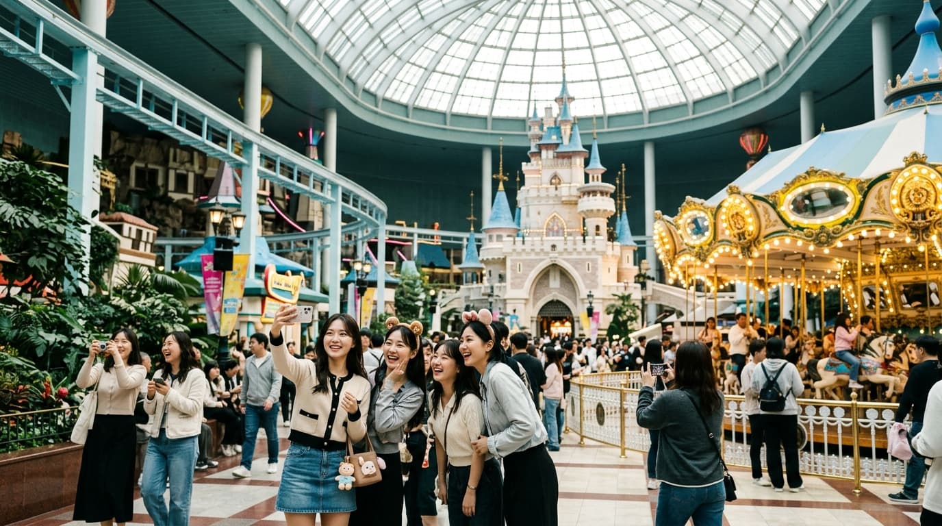 Lotte World Seoul indoor theme park with castle and carousel, visitors exploring