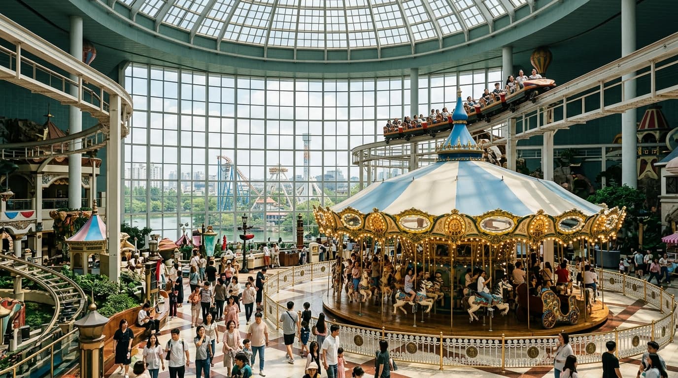 Lotte World Seoul indoor carousel and roller coaster, with visitors enjoying rides