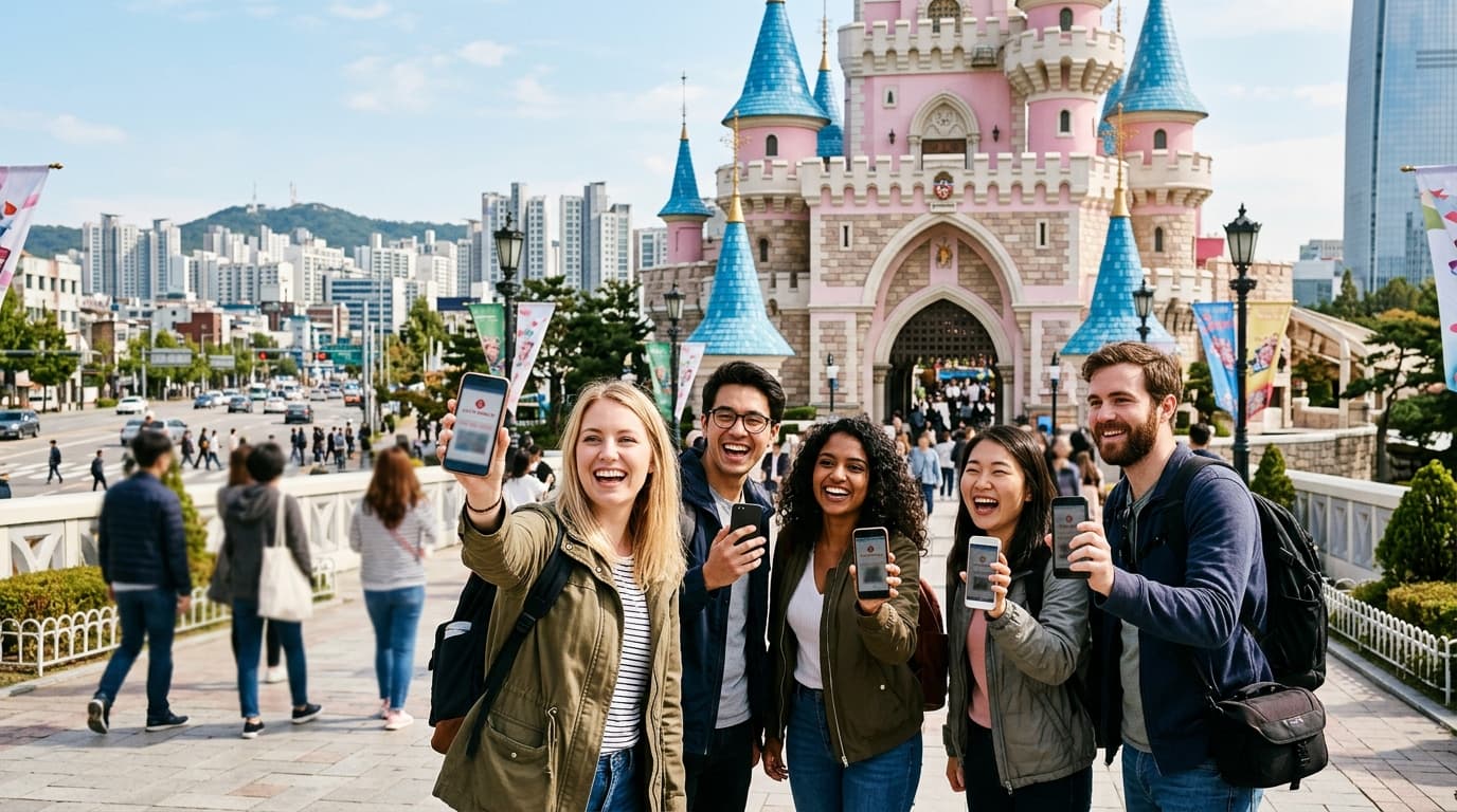 Tourists showing mobile Lotte World tickets at the theme park entrance in Seoul