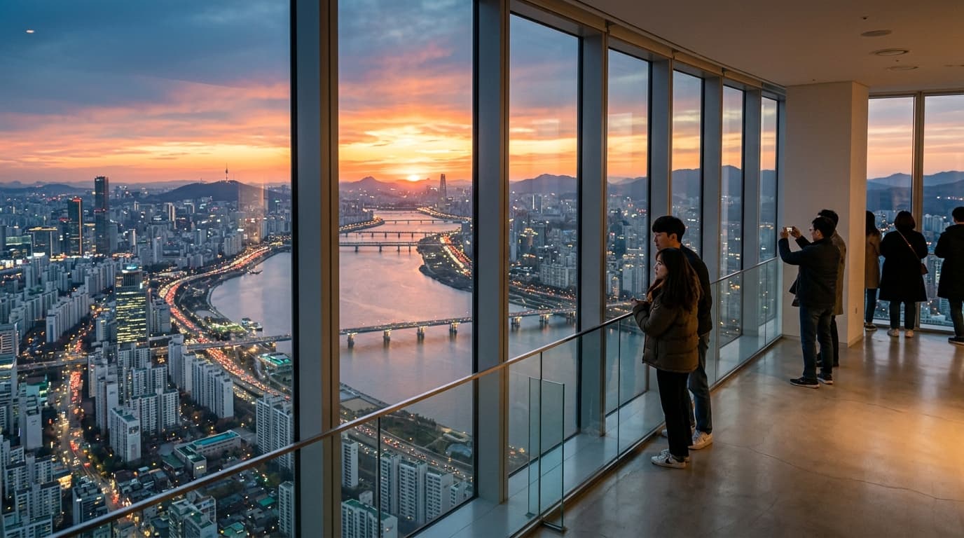Visitors at Lotte World Tower Seoul Sky observatory enjoying panoramic views of Seoul at sunset