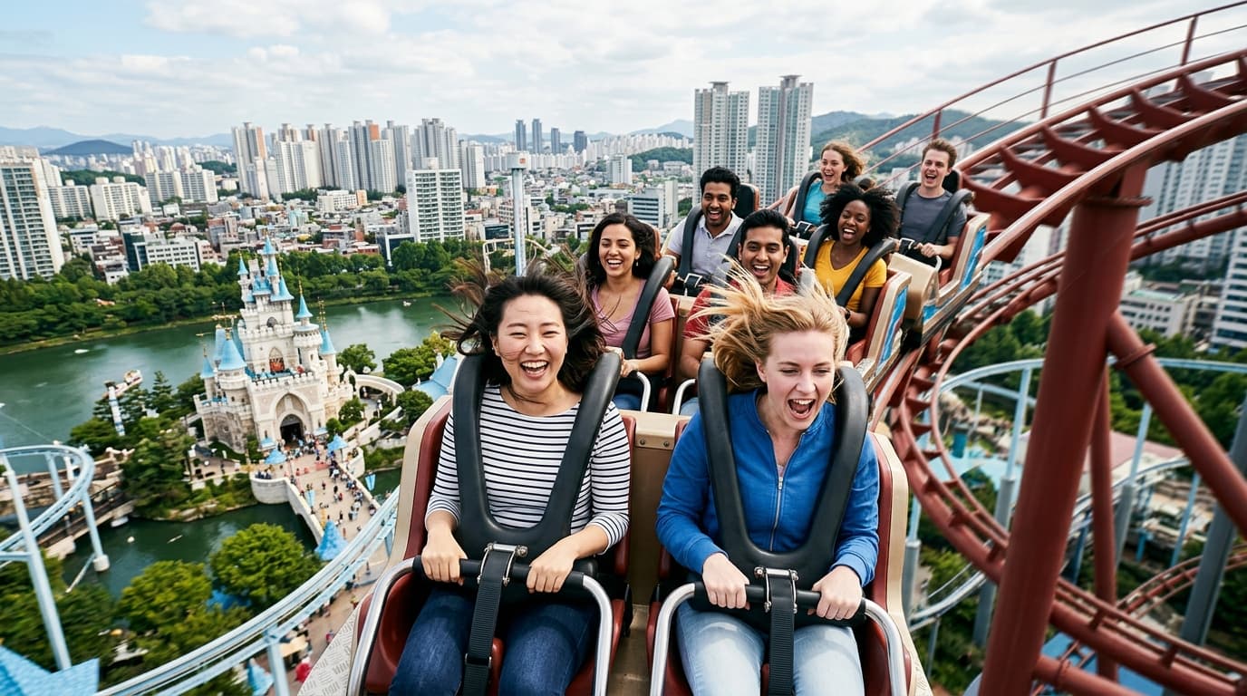 Tourists enjoying a roller coaster ride at Lotte World with Seoul in the background