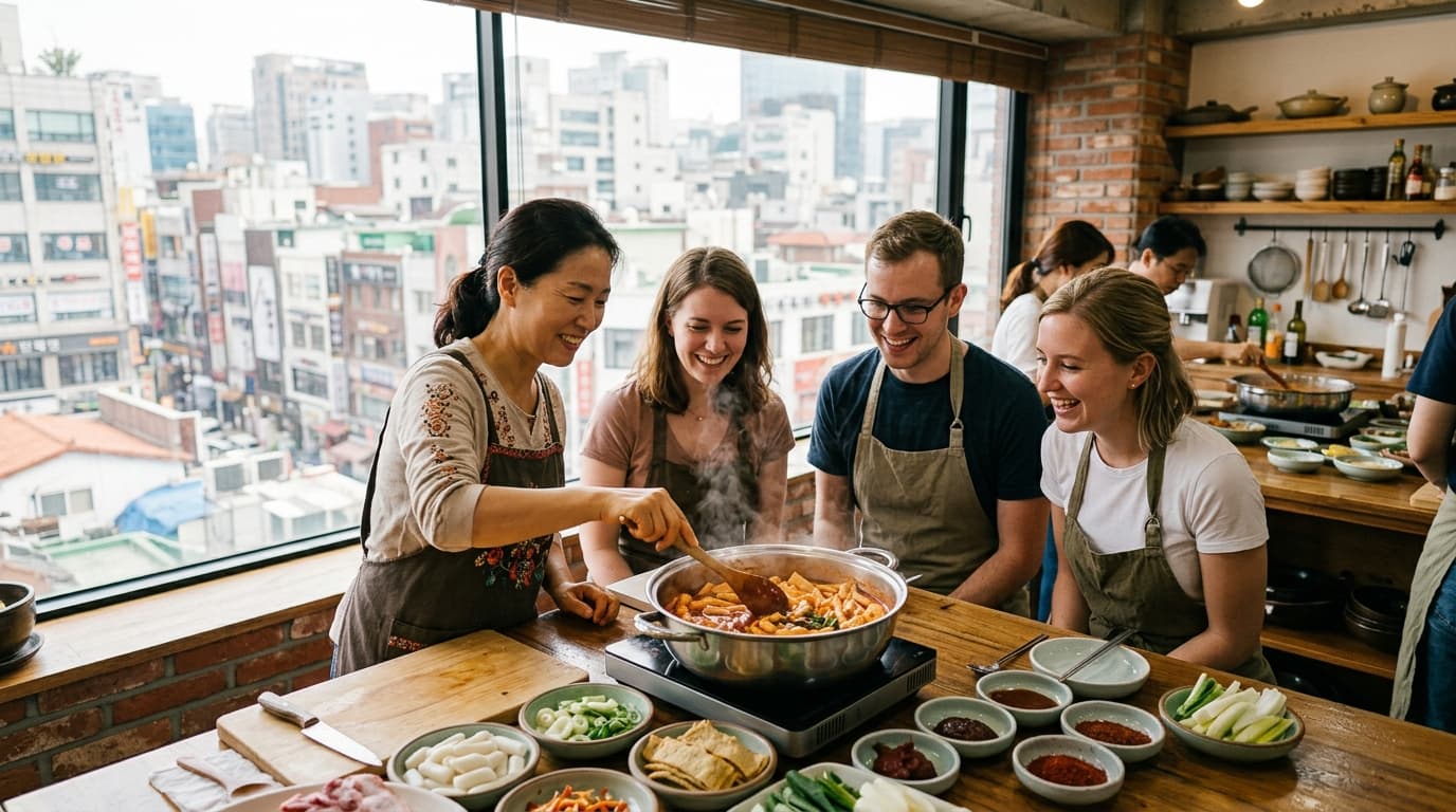 Tourists cooking tteokbokki with a local instructor in a bright Seoul kitchen studio