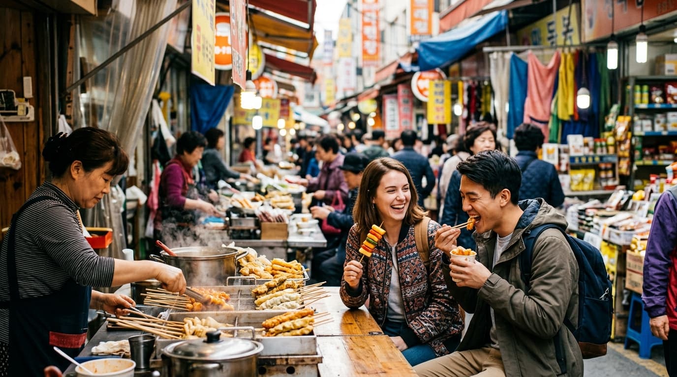 Travelers enjoying street food at Mangwon Market in Seoul