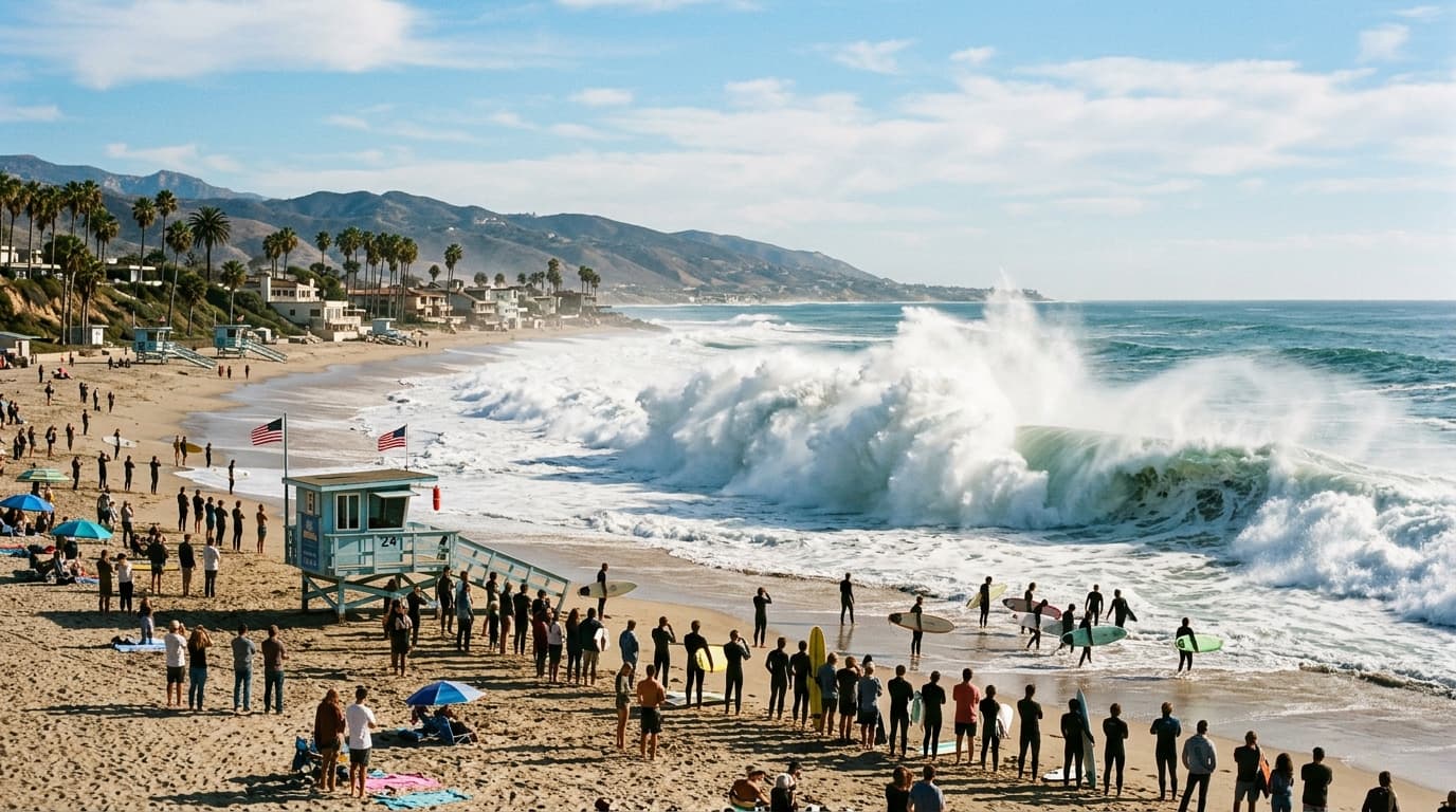 Huge waves breaking on a Southern California beach with surfers and lifeguard towers