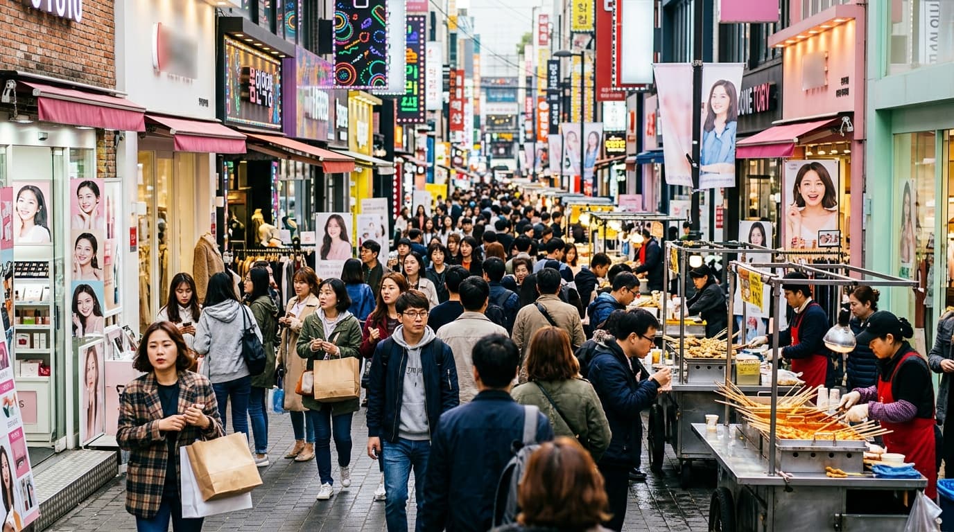 Busy scene of Myeongdong shopping street in Seoul with shops, street food, and crowds