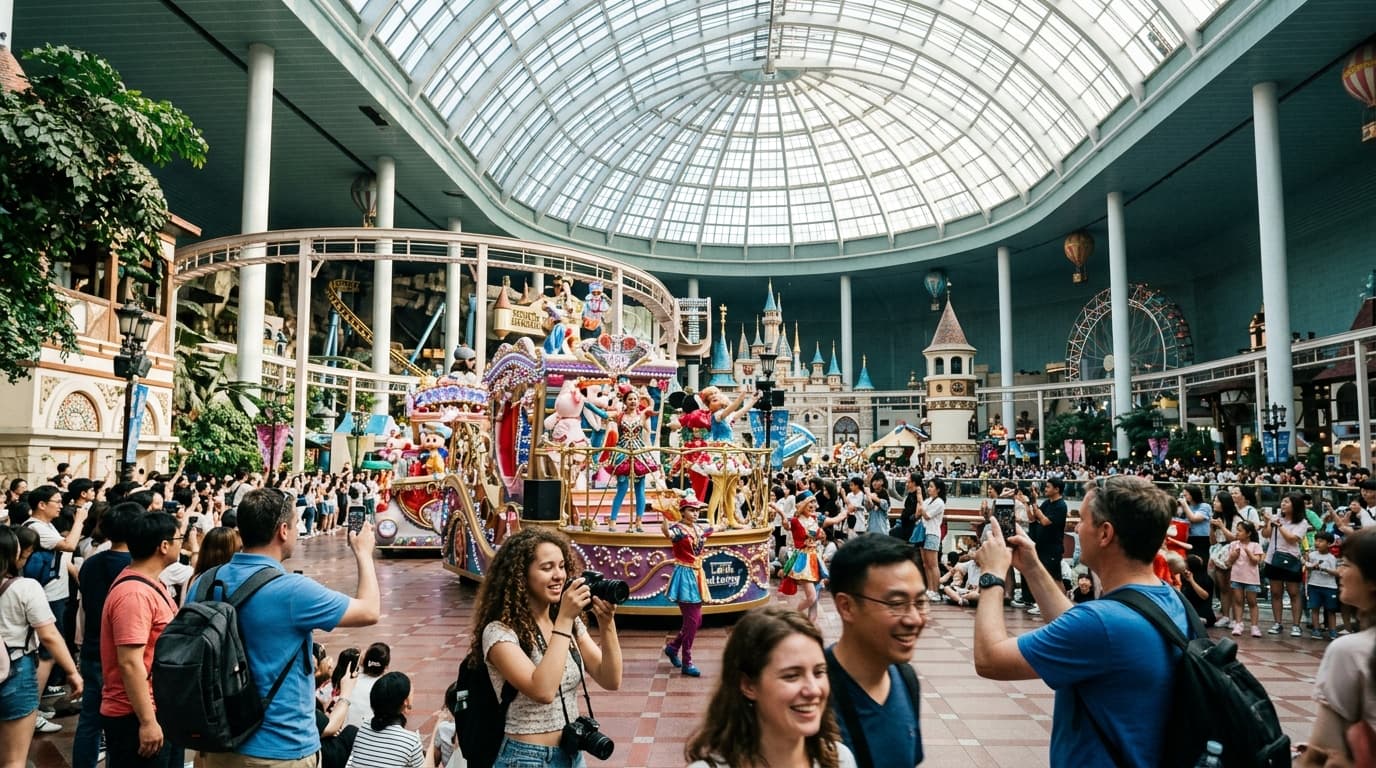 Tourists enjoying a parade inside Lotte World's glass-domed indoor park in Seoul