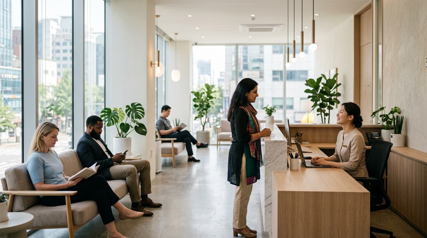 Modern Gangnam dermatology clinic with international visitors in a welcoming Seoul setting
