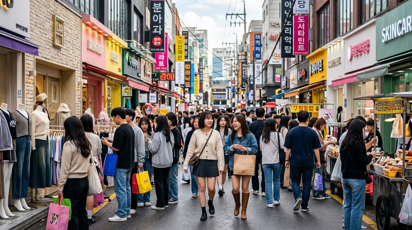Shoppers browsing clothing boutiques on a lively street in Myeongdong, Seoul