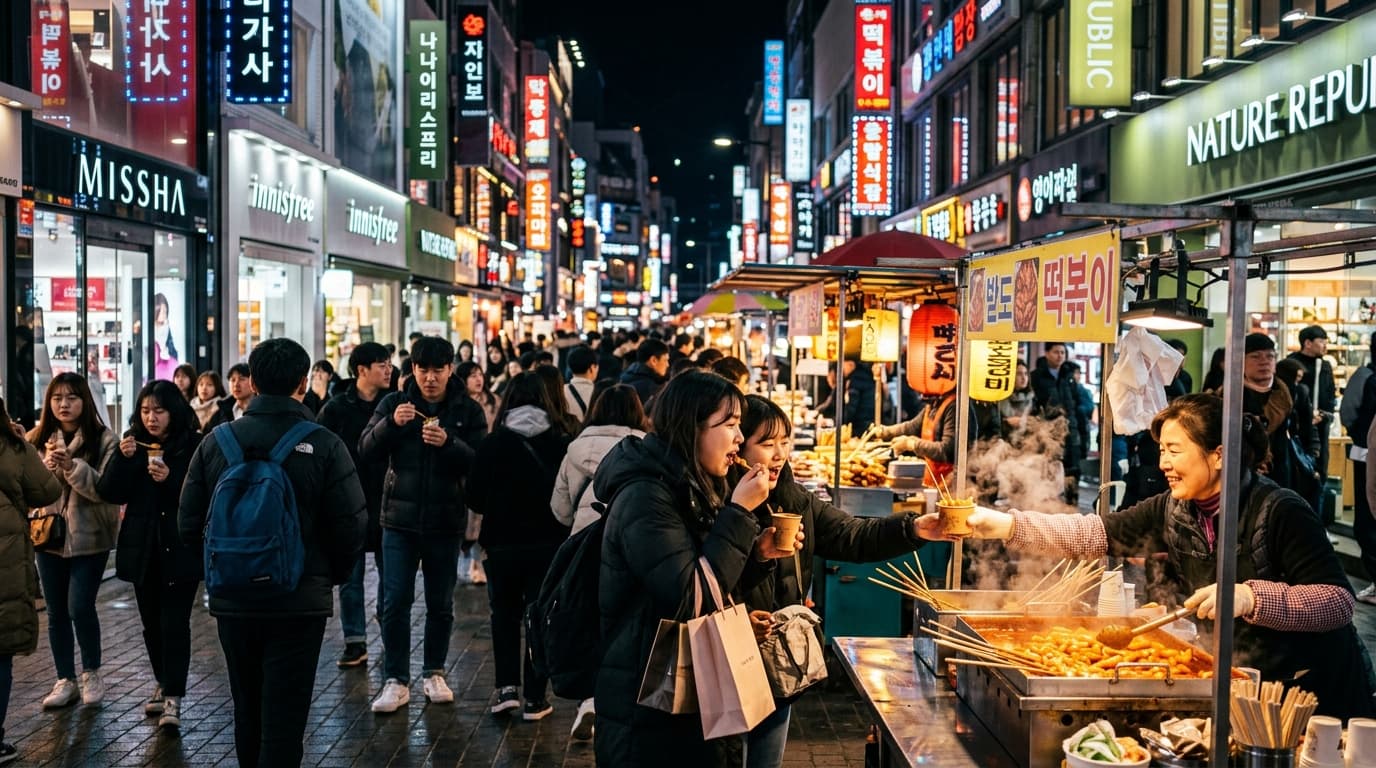Crowded Myeongdong Night Market street with food stalls and neon signs in Seoul