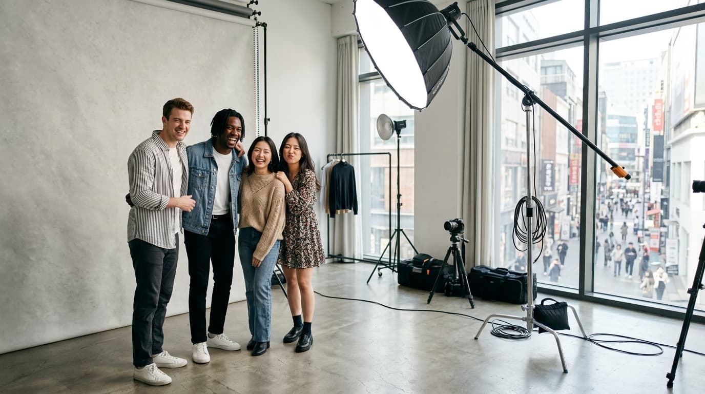 Young adults posing in a modern photo studio in Myeongdong, Seoul
