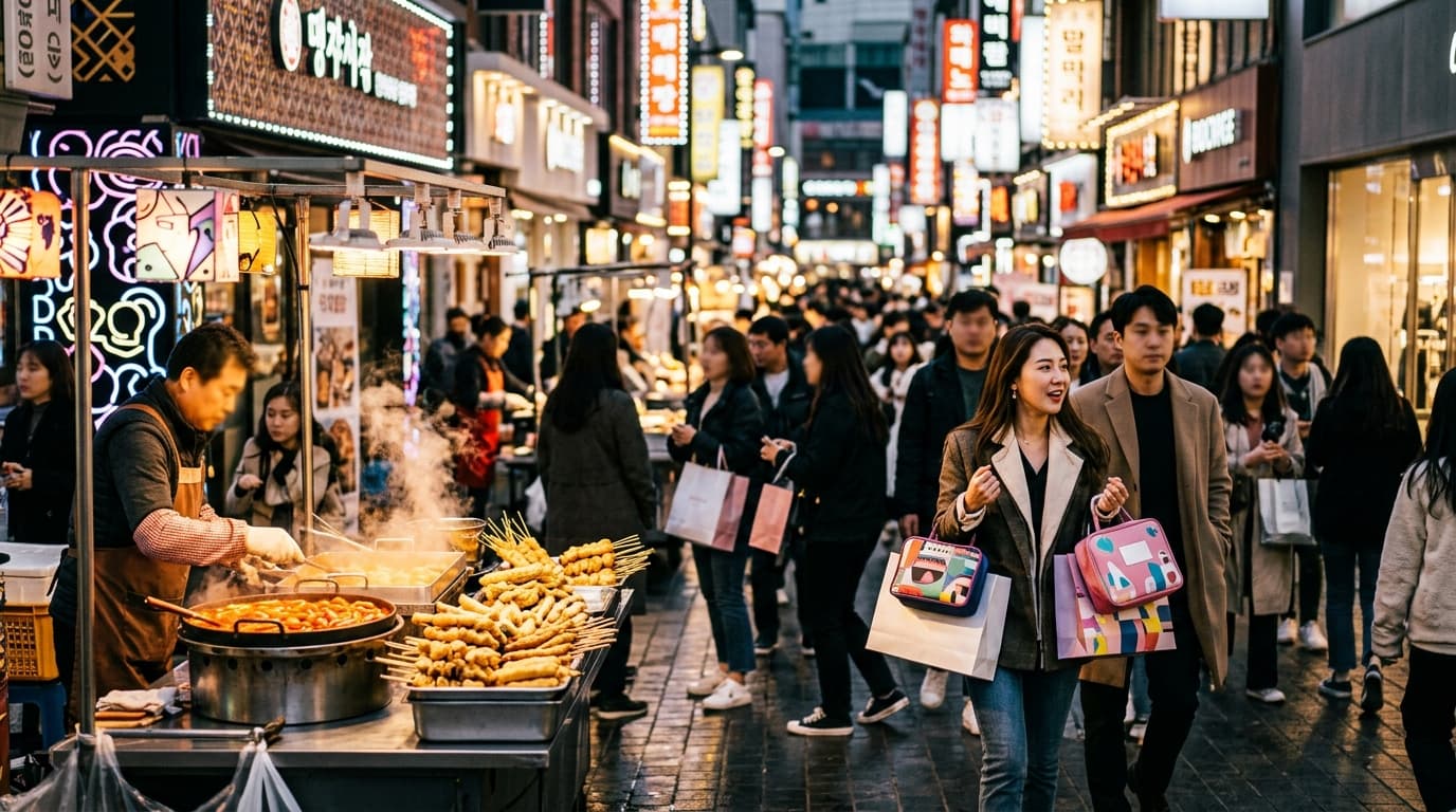 Bustling Myeongdong street with food stalls, shoppers, and neon-lit stores in Seoul