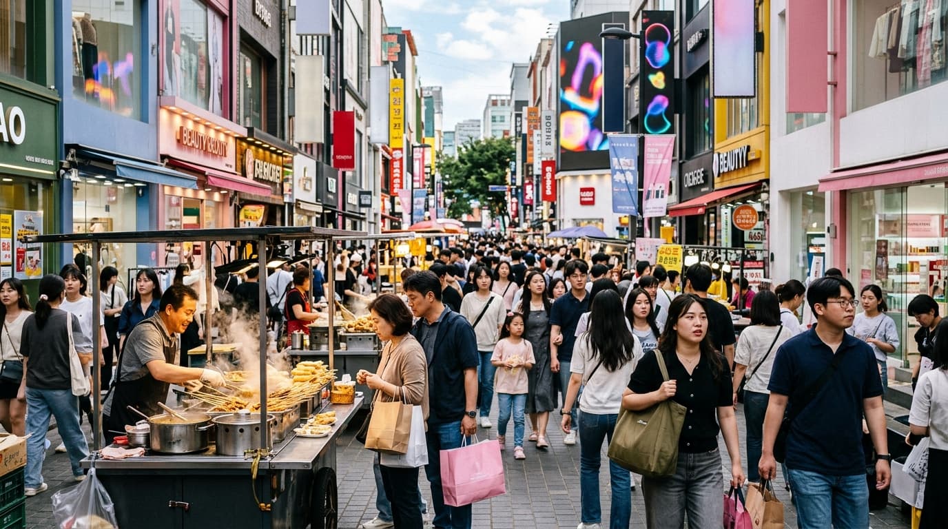 Busy shopping street in Myeongdong Seoul with people, shops, and food stalls