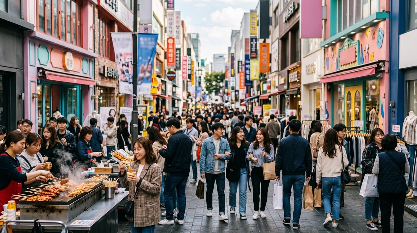 Shoppers and street food stalls along a lively Myeongdong street in Seoul
