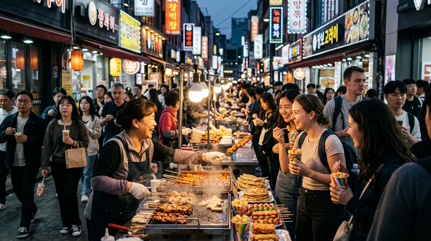 Travelers sampling street food at lively Myeongdong stalls in Seoul at dusk