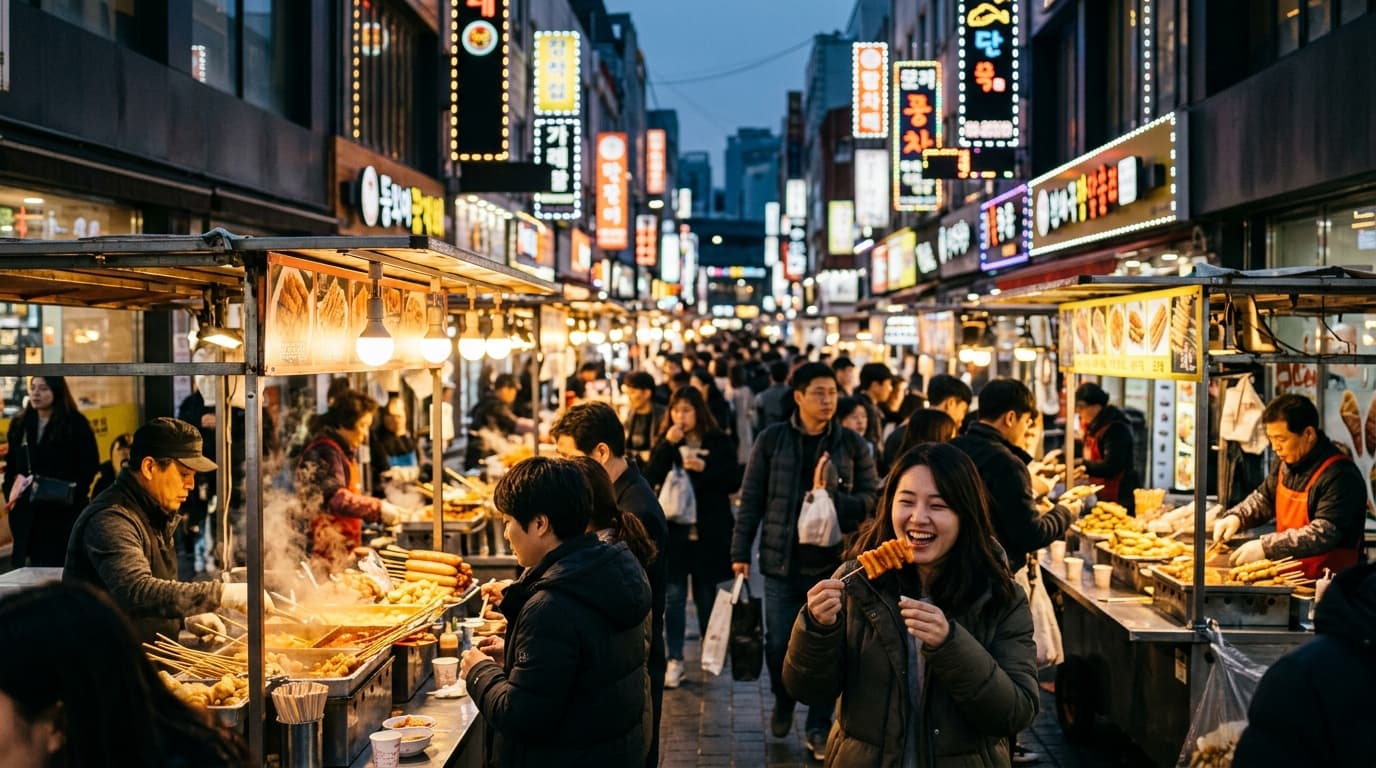 Crowds enjoying street food at vibrant Myeongdong market in Seoul