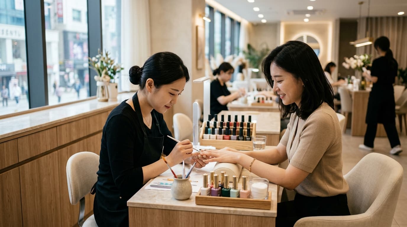 Young woman getting nail art at a chic Gangnam salon in Seoul