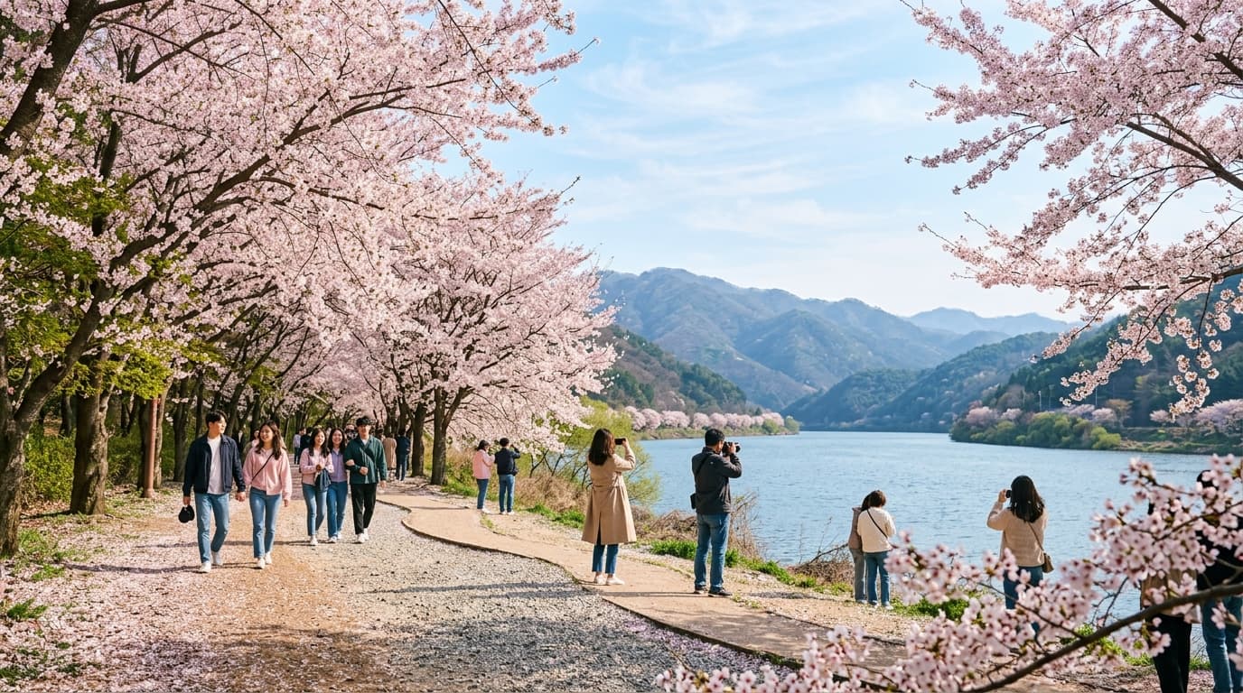 Cherry blossoms in full bloom along a riverside path on Nami Island, with visitors enjoying the spring scenery