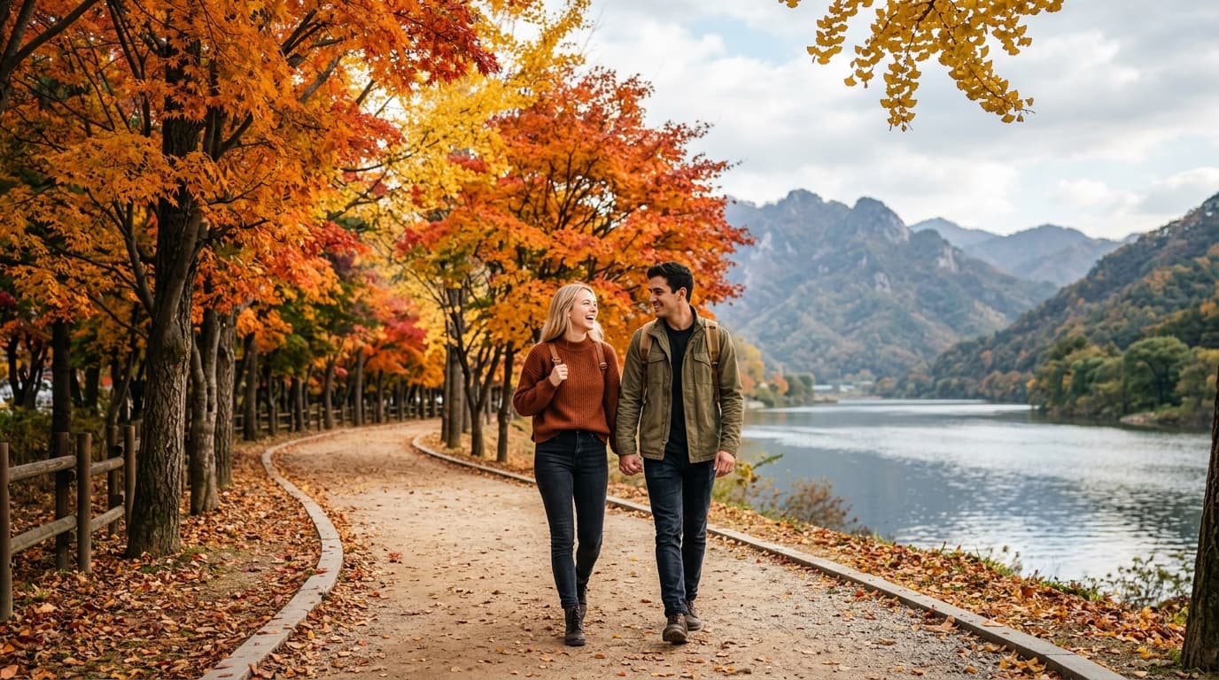 Travelers strolling under trees on Nami Island, Korea, with river and seasonal foliage