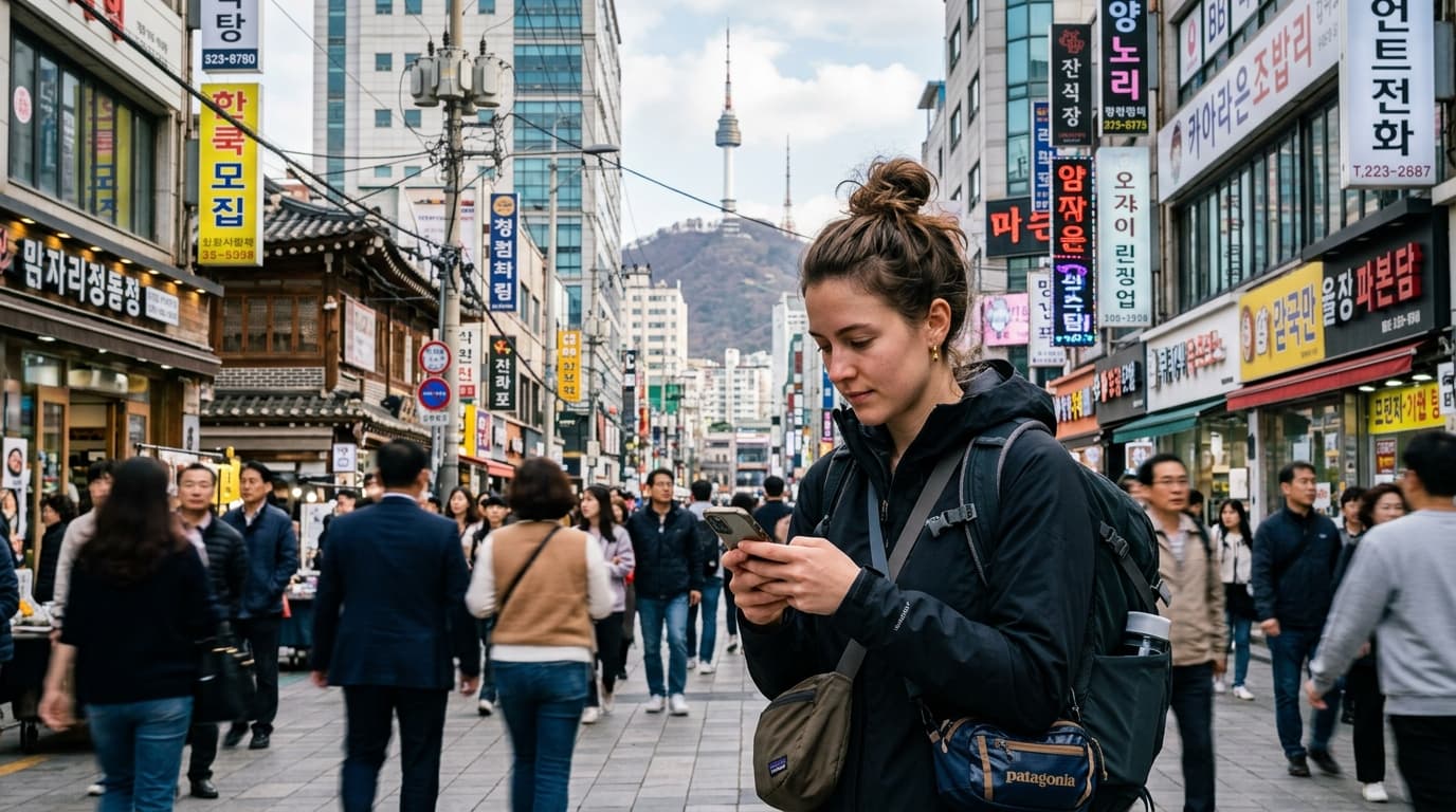 A traveler in Seoul checking news updates on their phone with cityscape in background