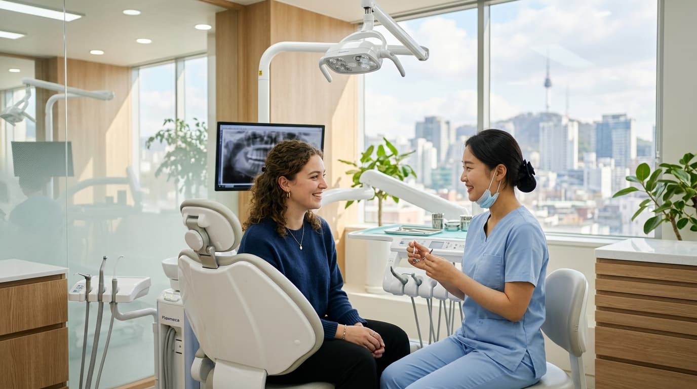 International patient receiving veneer consultation in a modern Seoul dental clinic