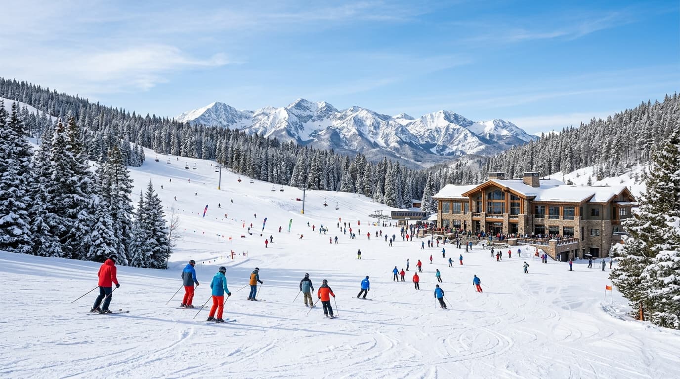 Oak Valley Ski Resort slopes with skiers and snowy mountains in Korea