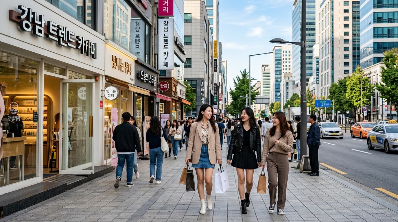 People walking along a busy Gangnam street lined with cafes and shops in Seoul