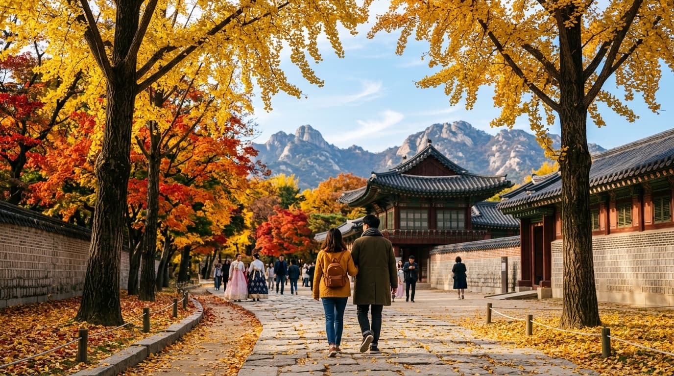 Travelers enjoying autumn foliage at a Korean palace with colorful leaves and mountain backdrop