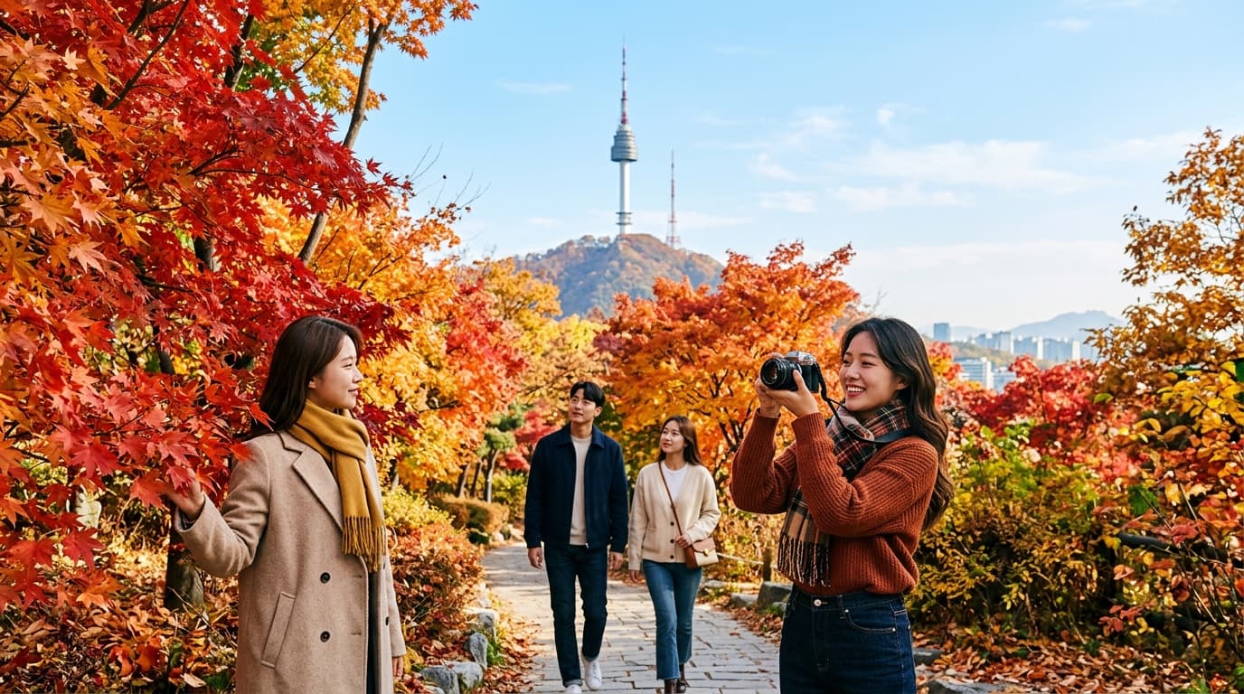 Travelers enjoying peak autumn leaves with Namsan Seoul Tower in the background
