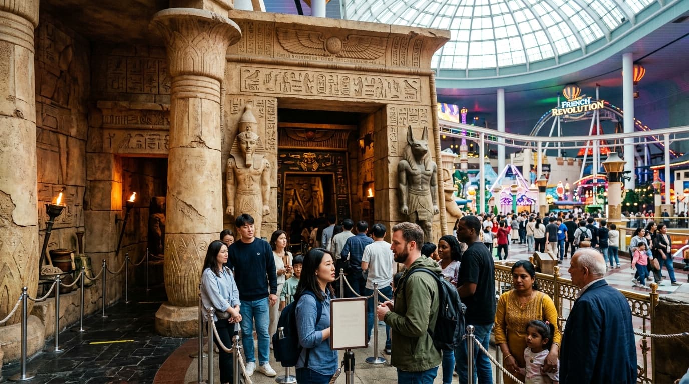 Pharaoh’s Fury ride entrance at Lotte World with Egyptian statues and international visitors in line
