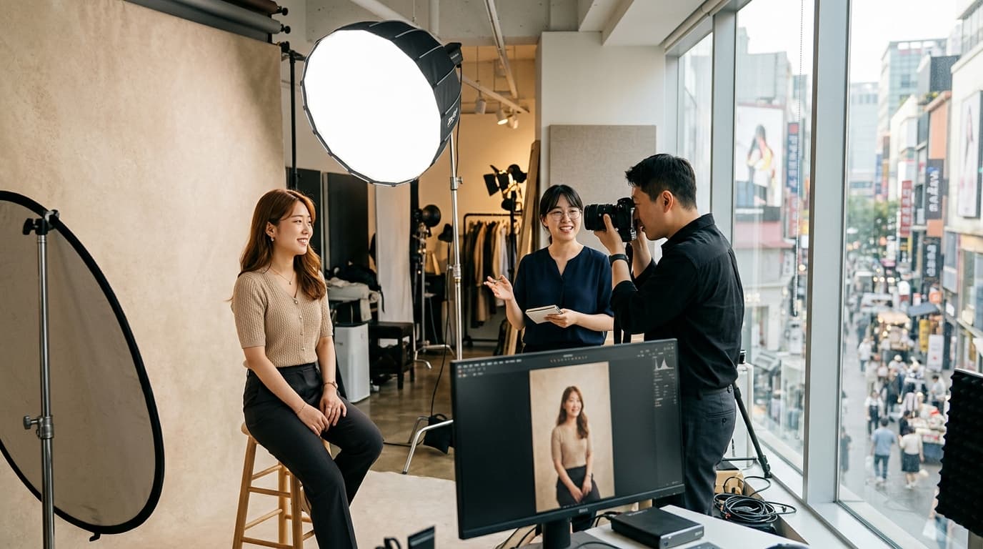 A foreign tourist posing in a Seoul photo studio, guided by a photographer and interpreter in Myeongdong