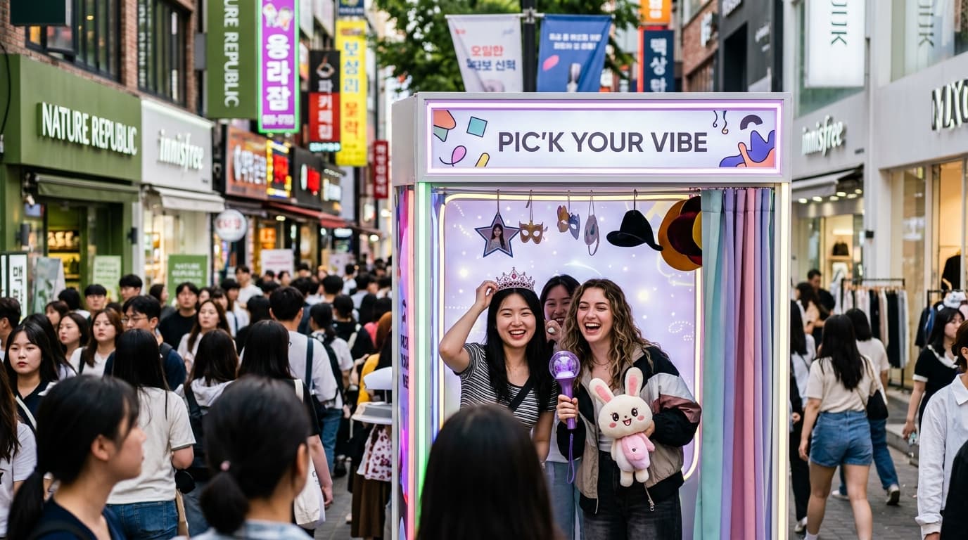 Tourists posing for photos in a photobooth in Myeongdong, Seoul, surrounded by shops and neon lights.