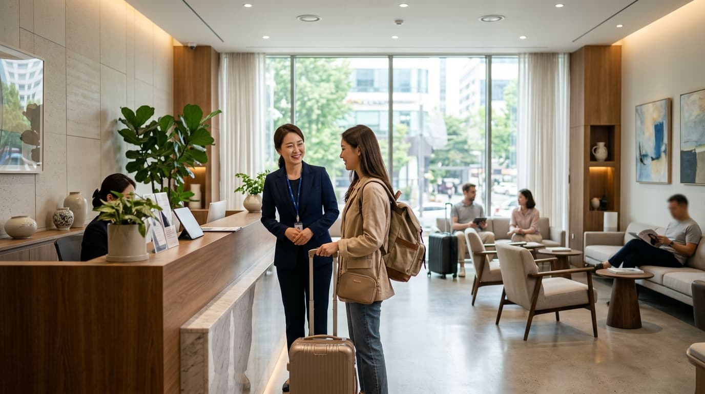A modern Seoul skin clinic lobby with a foreign visitor and an interpreter at the reception