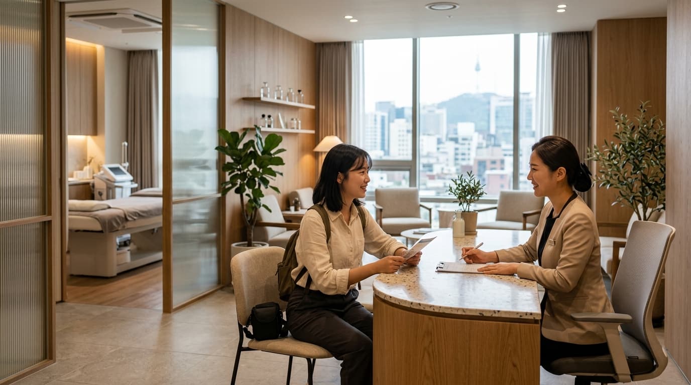 A modern Seoul skin clinic reception with a traveler consulting staff